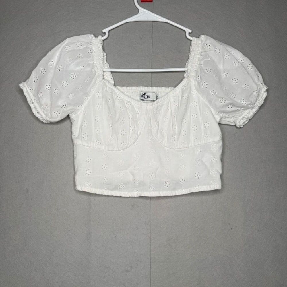 Hollister White Eyelet Puff Sleeve Smocked Crop Top XS